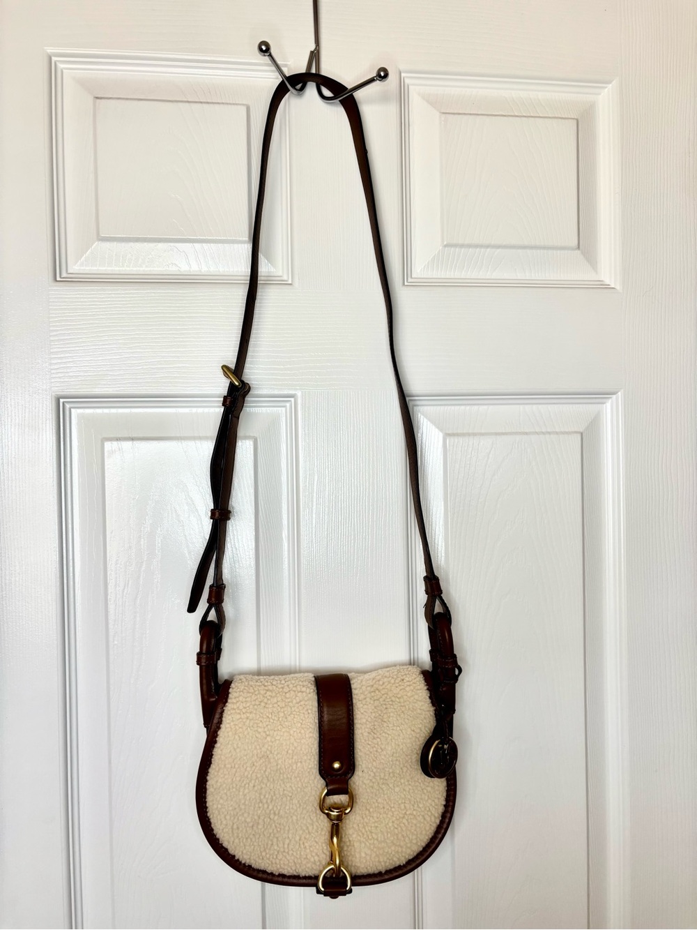 Michael Kors Jamie Cream Shearling Saddle Crossbody with Brown Leather Trim